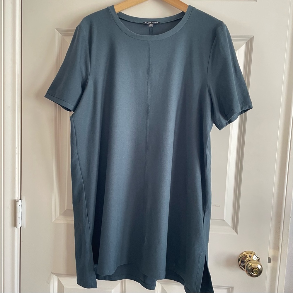 Eileen Fisher Slate Blue Crew Neck T-Shirt Dress Minimalist